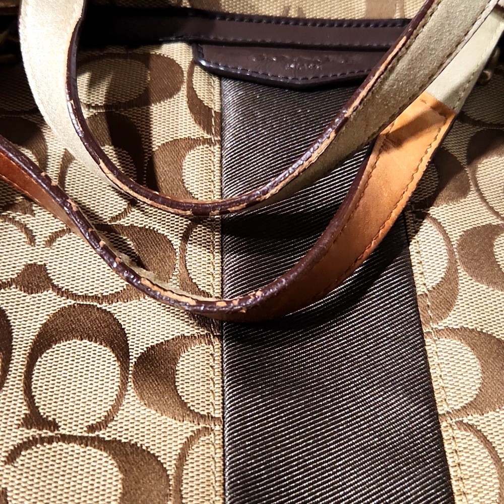 Coach Signature C Stripe Brown Khaki Canvas Shoulder Bag Tote - Picture 14 of 16